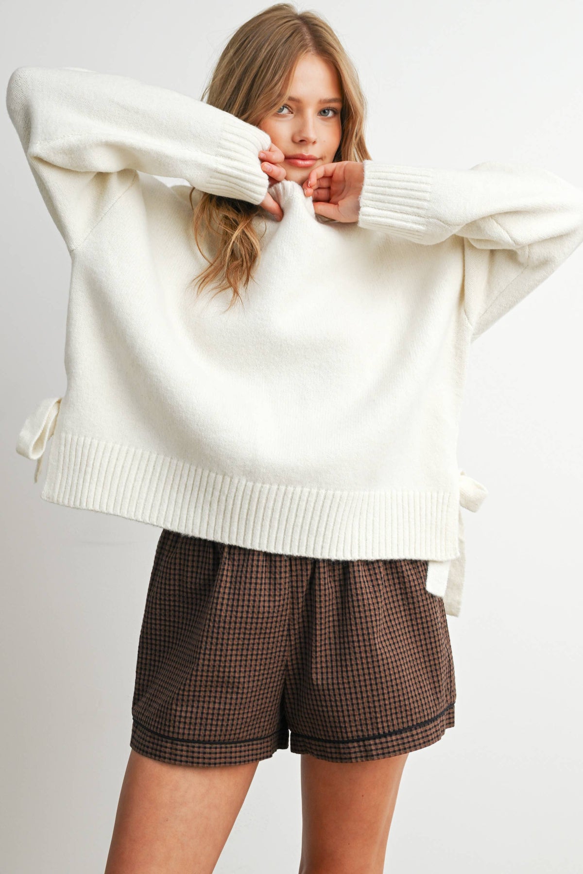 Tie Split-Hem Crewneck Long Sleeve Top