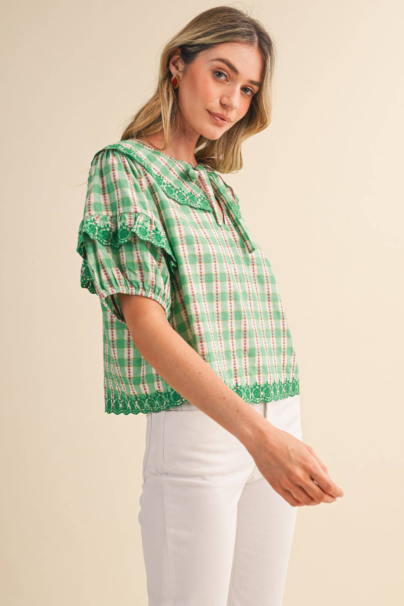 FLORAL GINGHAM EMBROIDERED DOLL COLLAR TOP MTP4602: YELLOW GINGHAM / S