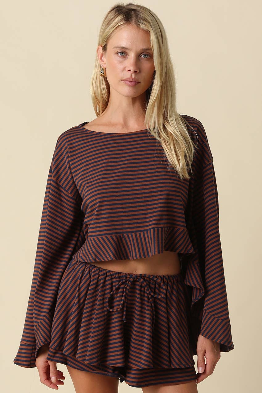 Sena Striped Bell Sleeve Crop Top
