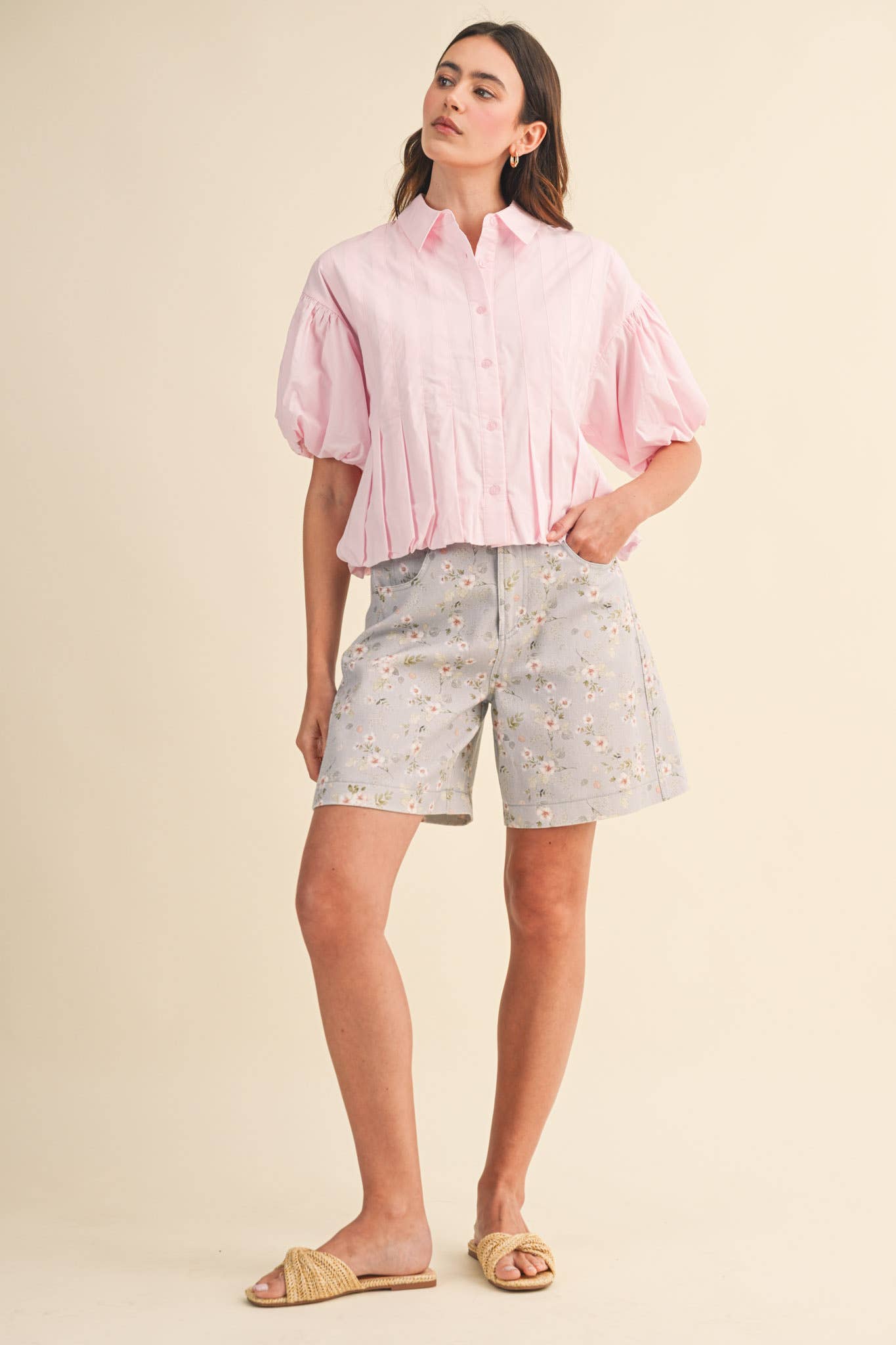 PLEATED BUBBLE HEM BUTTON DOWN TOP MTP4694: BANANA CREAM / S