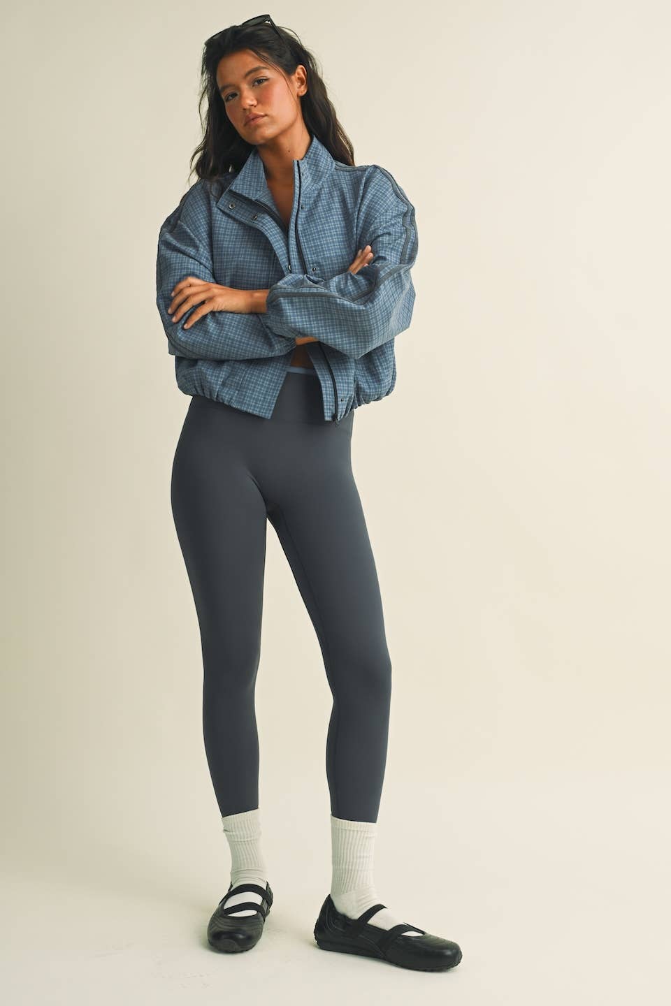 Plaid Side Stripe Funnel Neck Jacket
