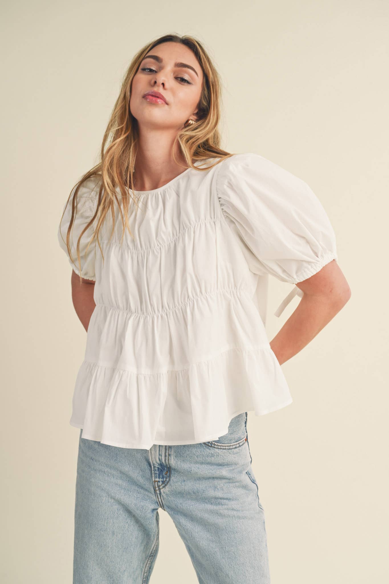 TIERED SHIRRING PUFF SLEEVE TOP MTP3081: PEACH FUZZ / S