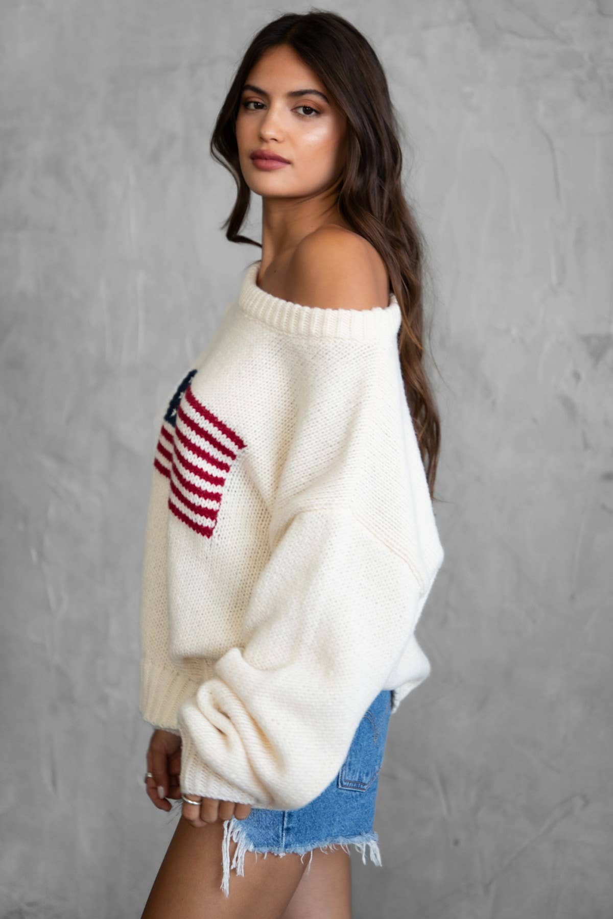 BRANDI American Flag Knit Off The Shoulder Lounge Sweater: Cream / 3 SMALL 2 MEDIUM 1 LARGE