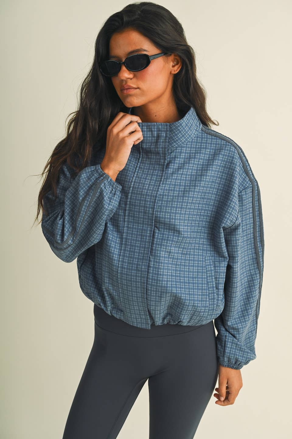 Plaid Side Stripe Funnel Neck Jacket