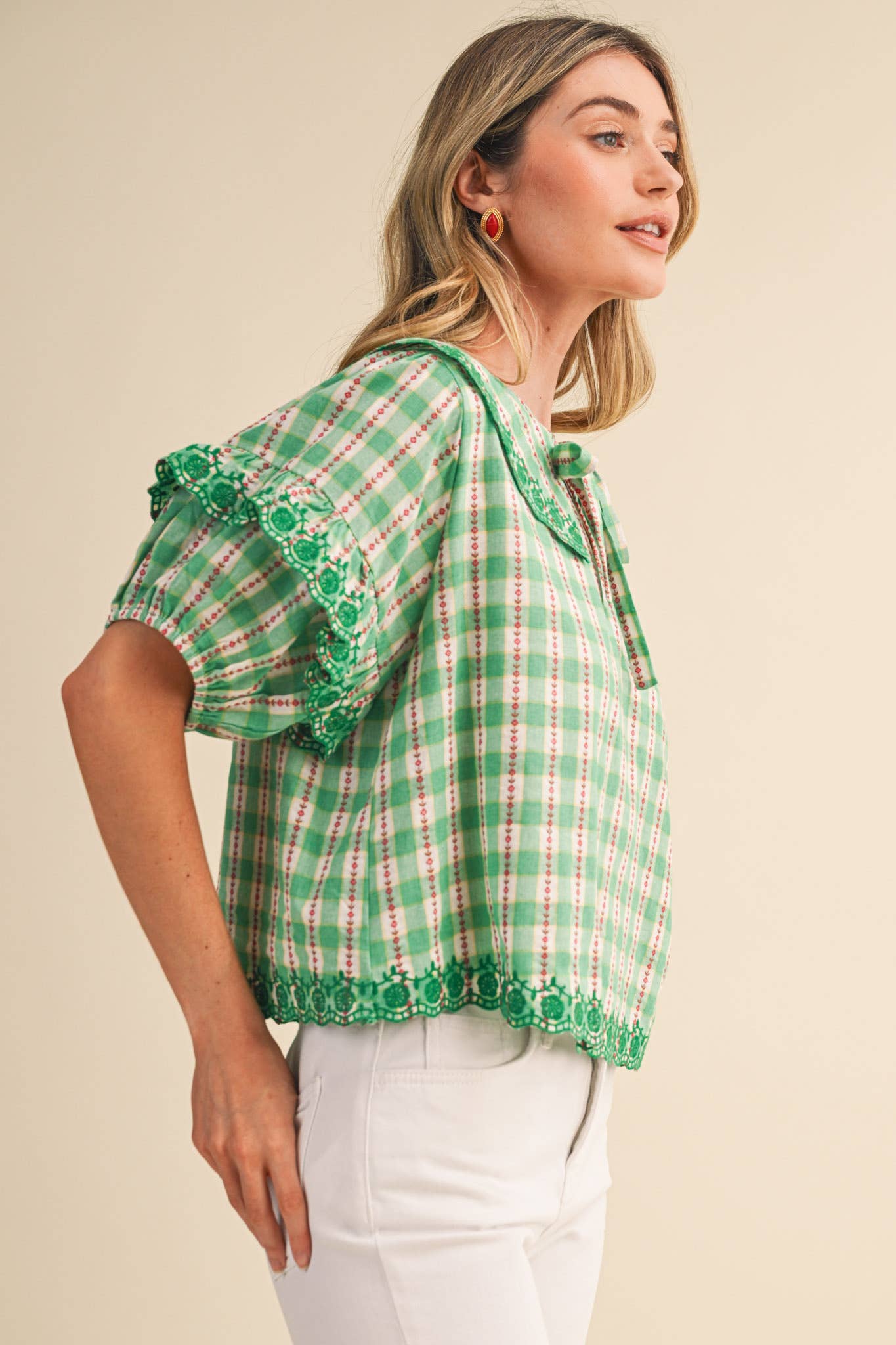 FLORAL GINGHAM EMBROIDERED DOLL COLLAR TOP MTP4602: YELLOW GINGHAM / S