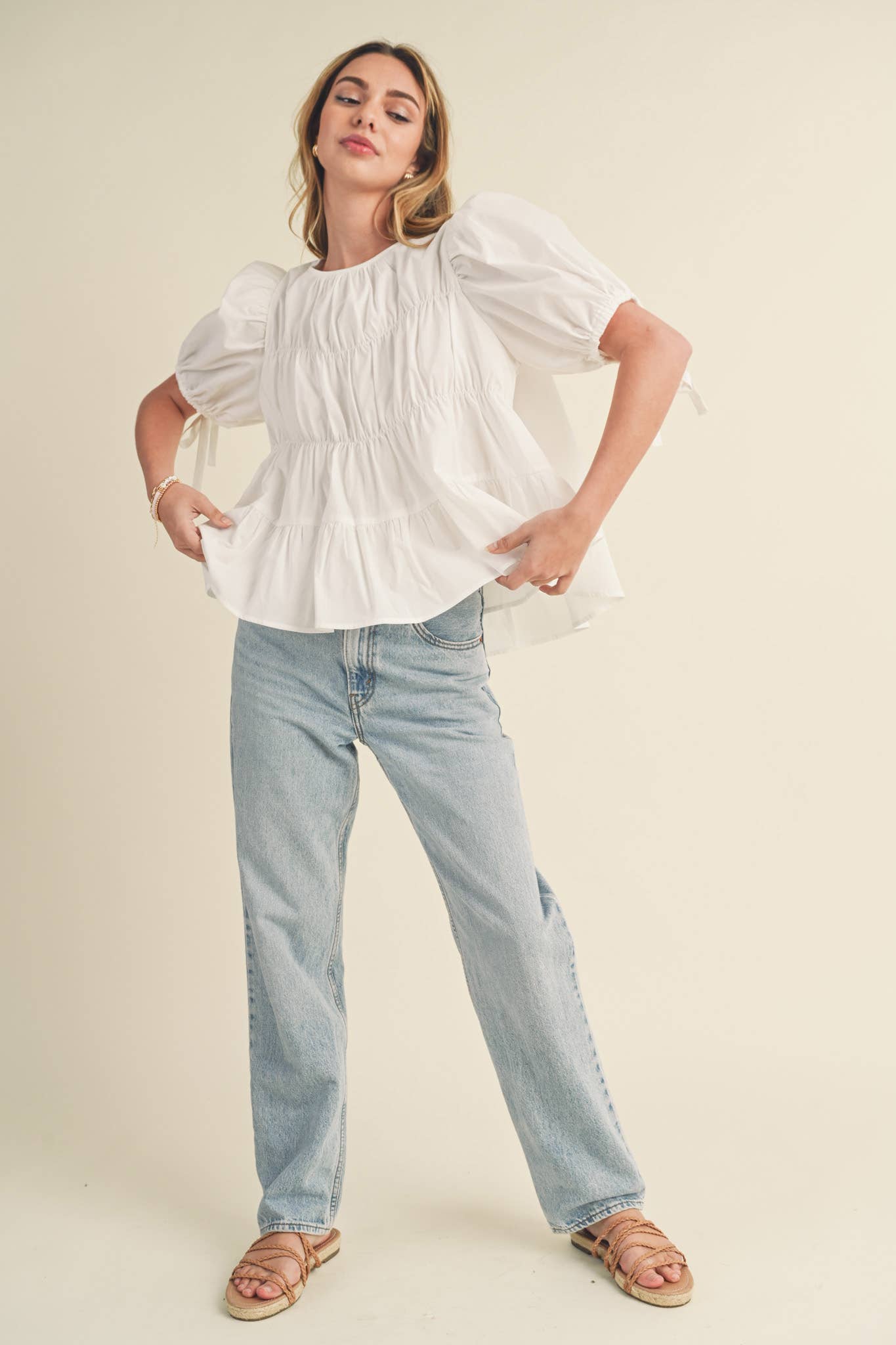 TIERED SHIRRING PUFF SLEEVE TOP MTP3081: PEACH FUZZ / S