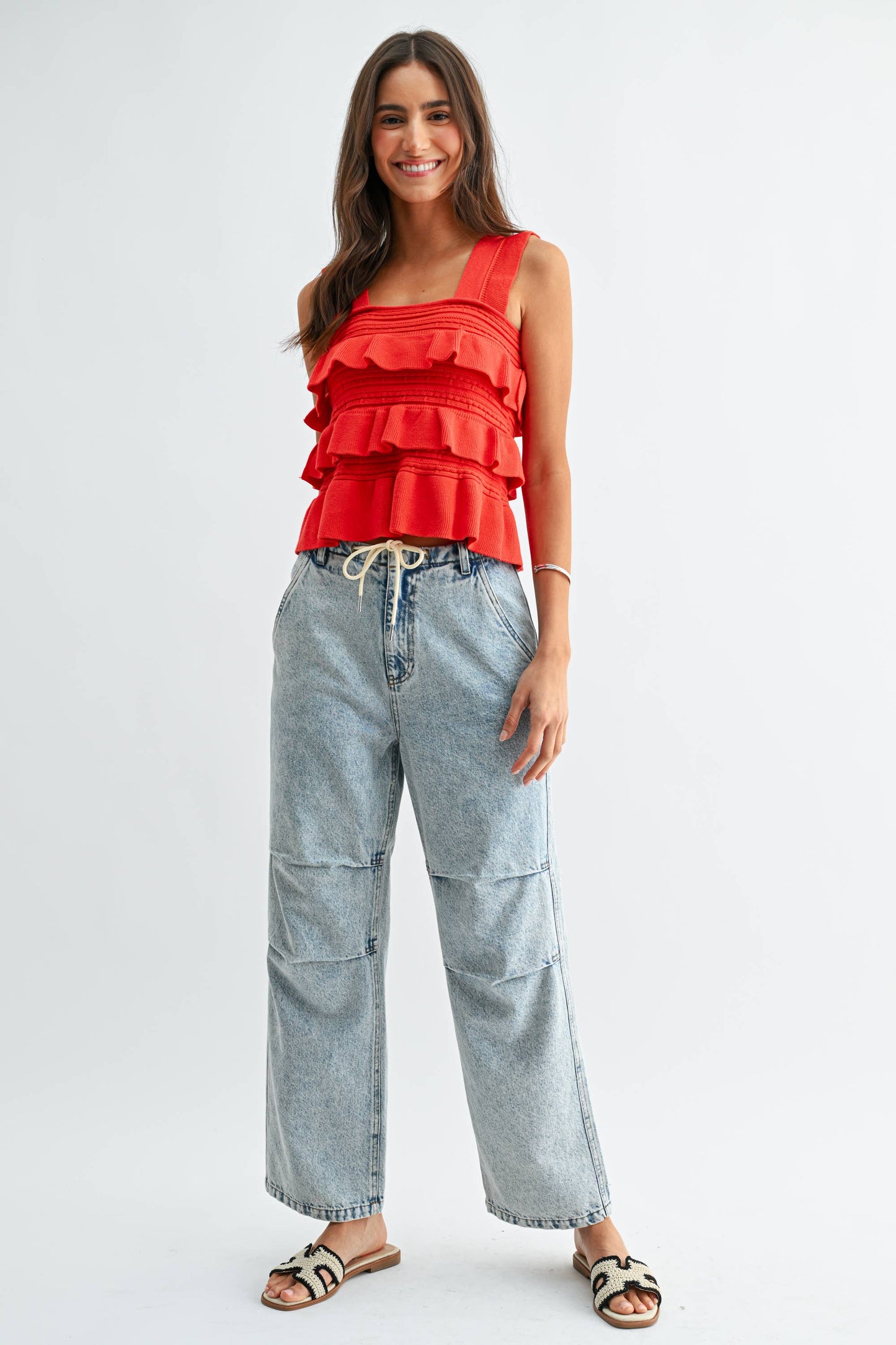 CW10030E Red Ruffled Knit Sleeveless Top: TOMATO RED / S-M-L (3-2-1)