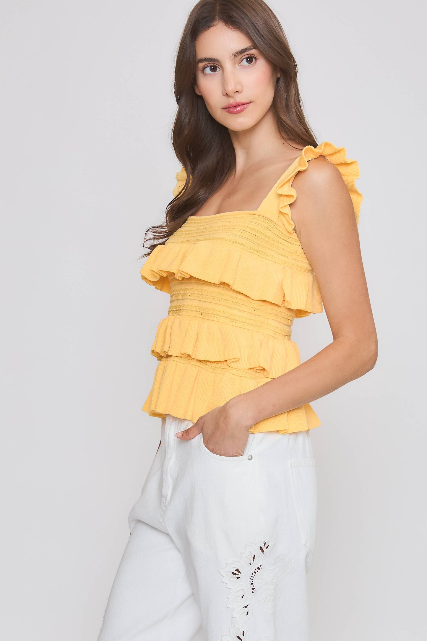 CW10030E Red Ruffled Knit Sleeveless Top: TOMATO RED / S-M-L (3-2-1)