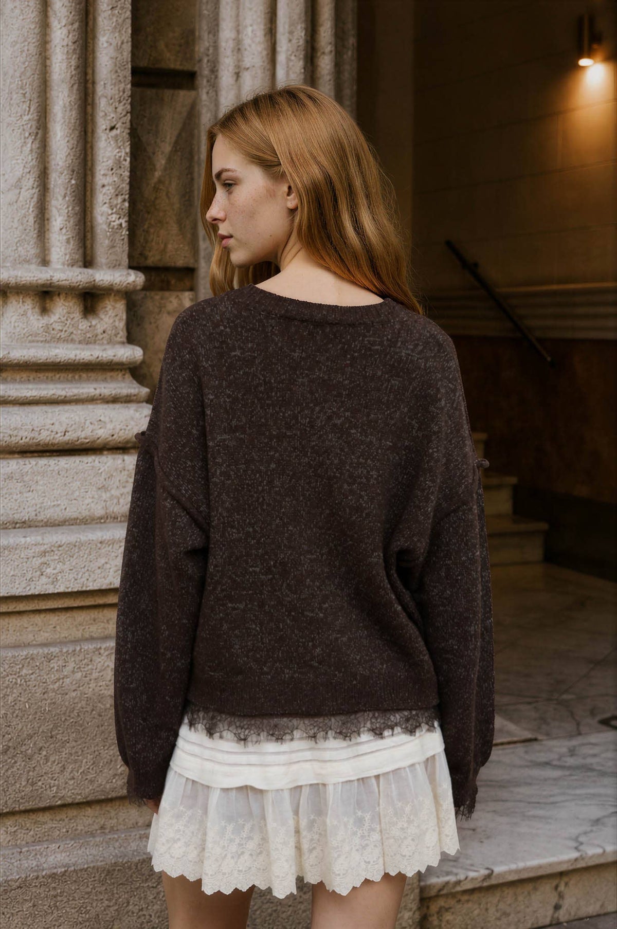 LACE TRIM EXPOSED SEAM BUTTON DOWN KNIT CARDIGAN