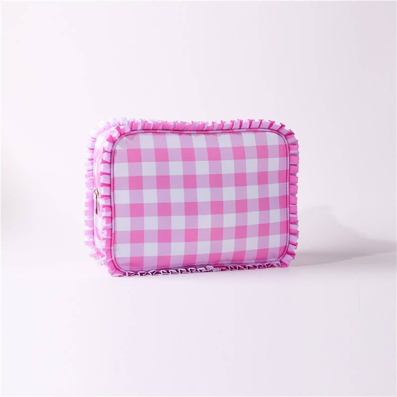 RUFFLE CHECKER STRIPE COSMETIC TRAVEL POUCH BAG