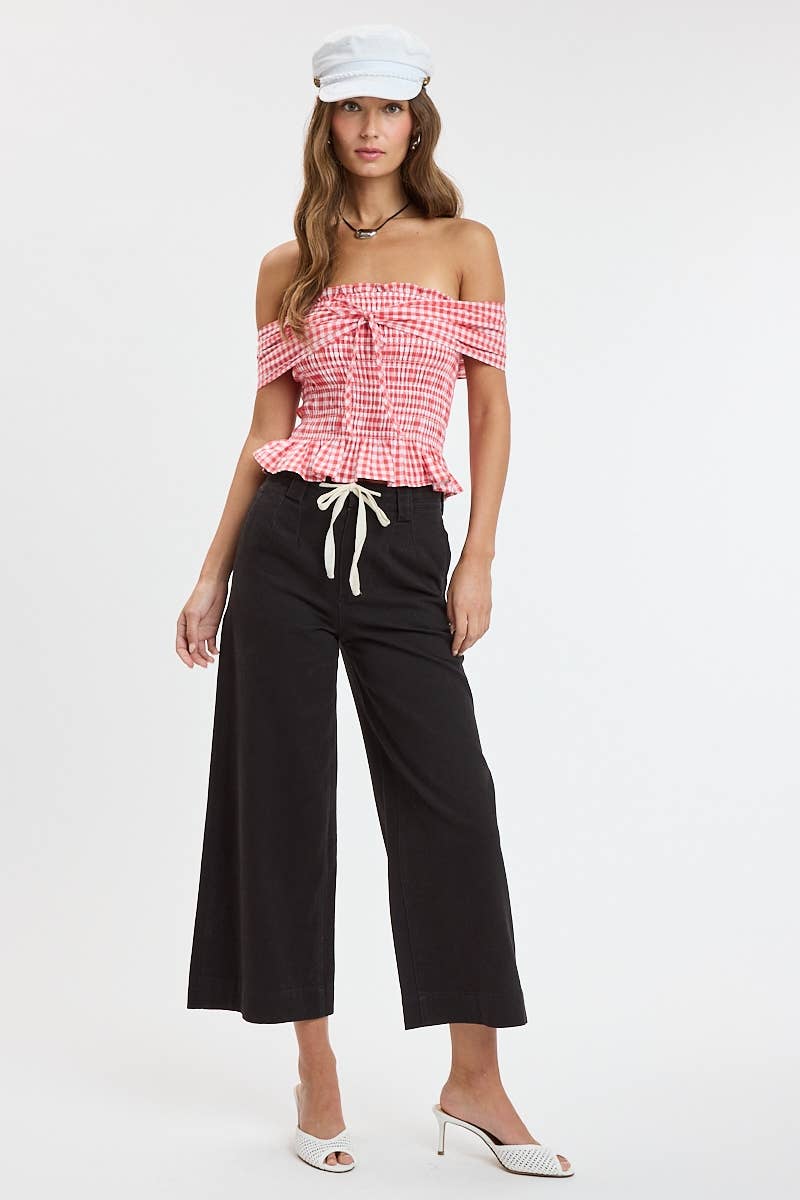 CHECKER OFF-SHOULDER SMOCKED BODY TIE TUBE TOP: RED CHECKER / S