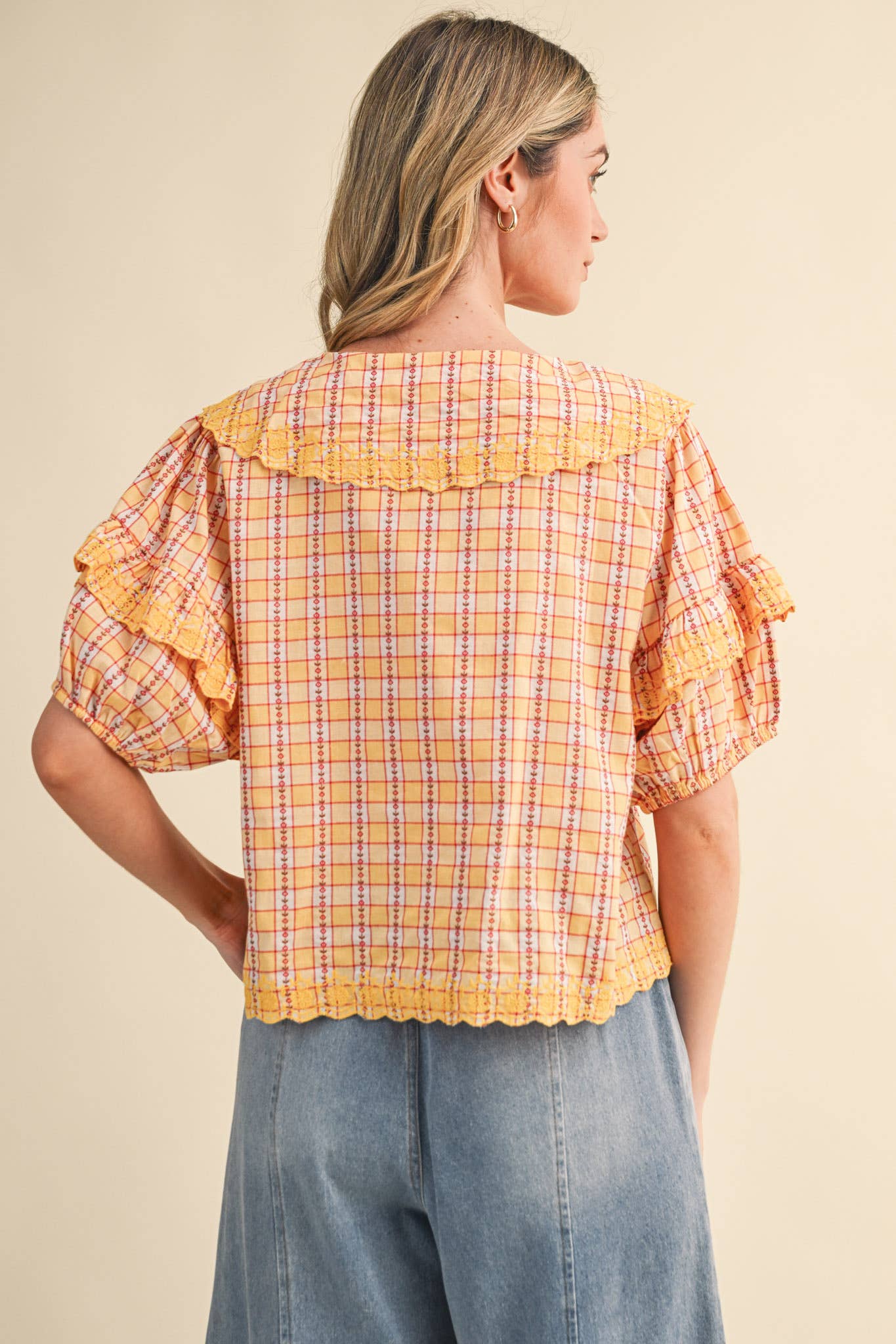 FLORAL GINGHAM EMBROIDERED DOLL COLLAR TOP MTP4602: YELLOW GINGHAM / S