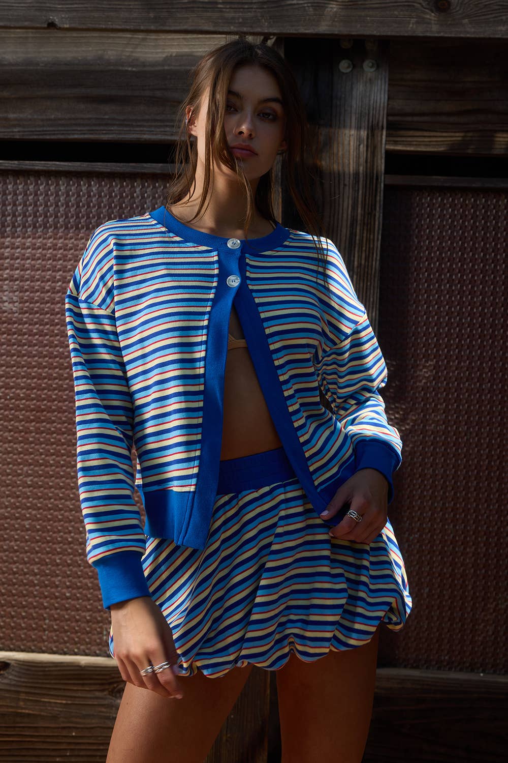 Vibrant Multi-Stripe Dual-Button Knit Cardigan